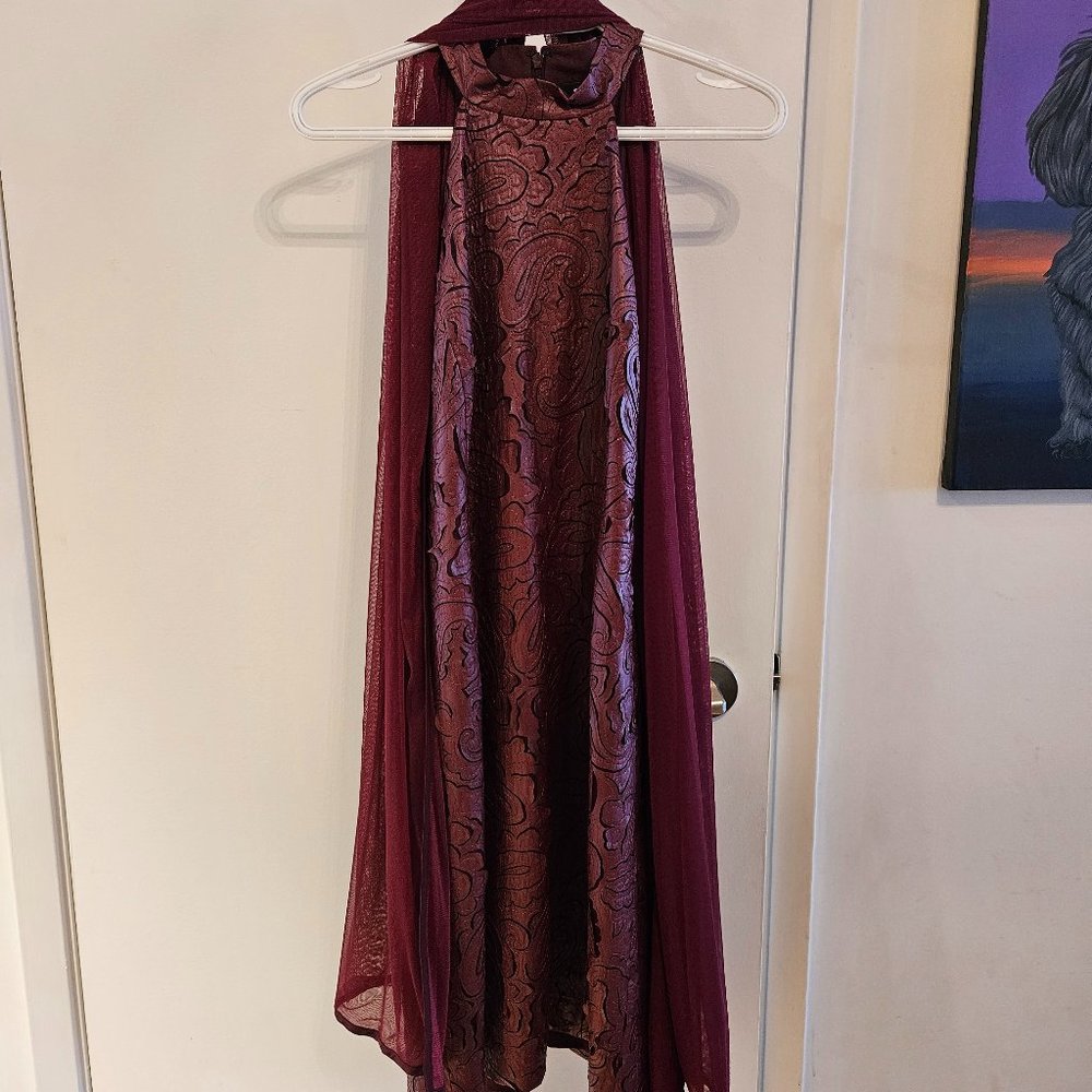 STUNNING burgundy W by Worth laser-cut faux-leather halter dress with shawl